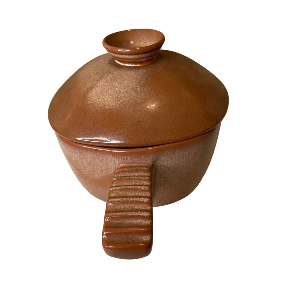 Vintage Frankoma 5FD Pottery Plainsman Gold Handled Covered Fondue Pot & Lid MCM